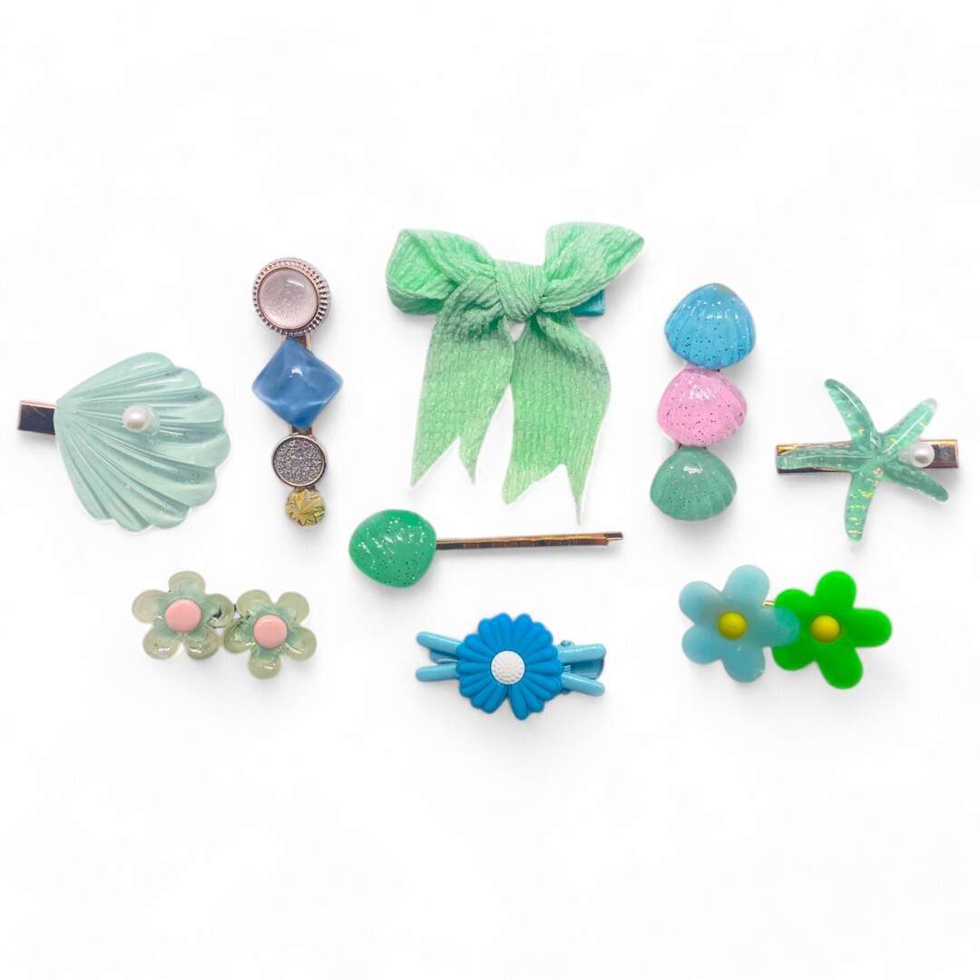 Kids Hair Clips Green Shells (9 pcs)